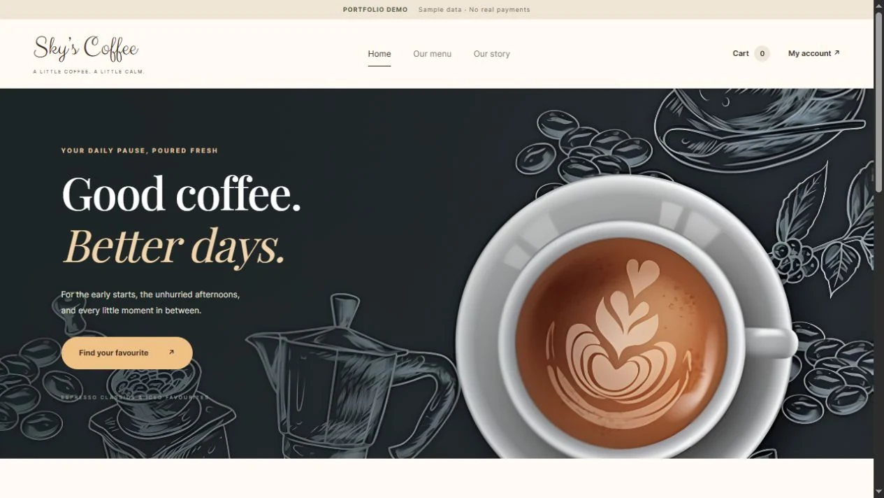 Proyek portofolio pilihan: RoomQu di ponsel, Sky’s Coffee di desktop
